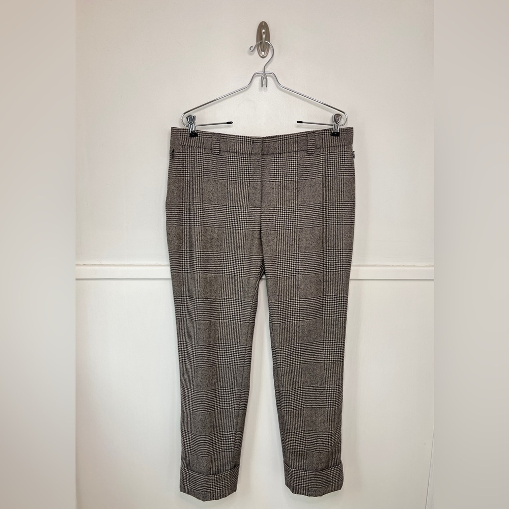 Akris Maxima Gray Plaid Wool Cuffed Hem Pants